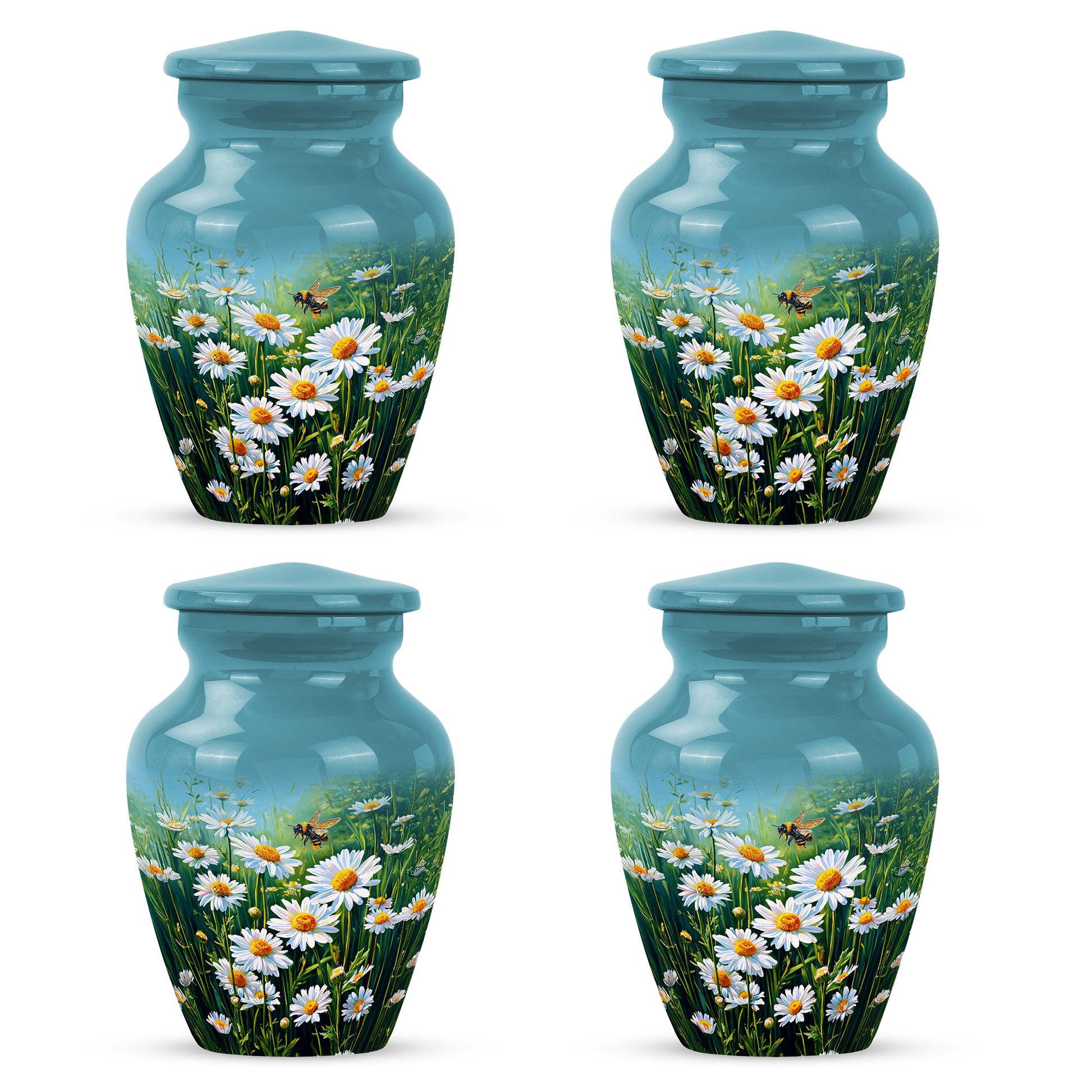Sea Green Teal Daisy Cremation Urn side profile showing urn shape - timeless daisy motif etched into premium metal - 10 inch aluminum urn for cremated remains