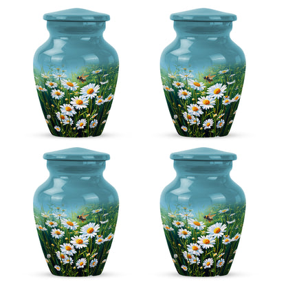 Sea Green Teal Daisy Cremation Urn side profile showing urn shape - timeless daisy motif etched into premium metal - 10 inch aluminum urn for cremated remains