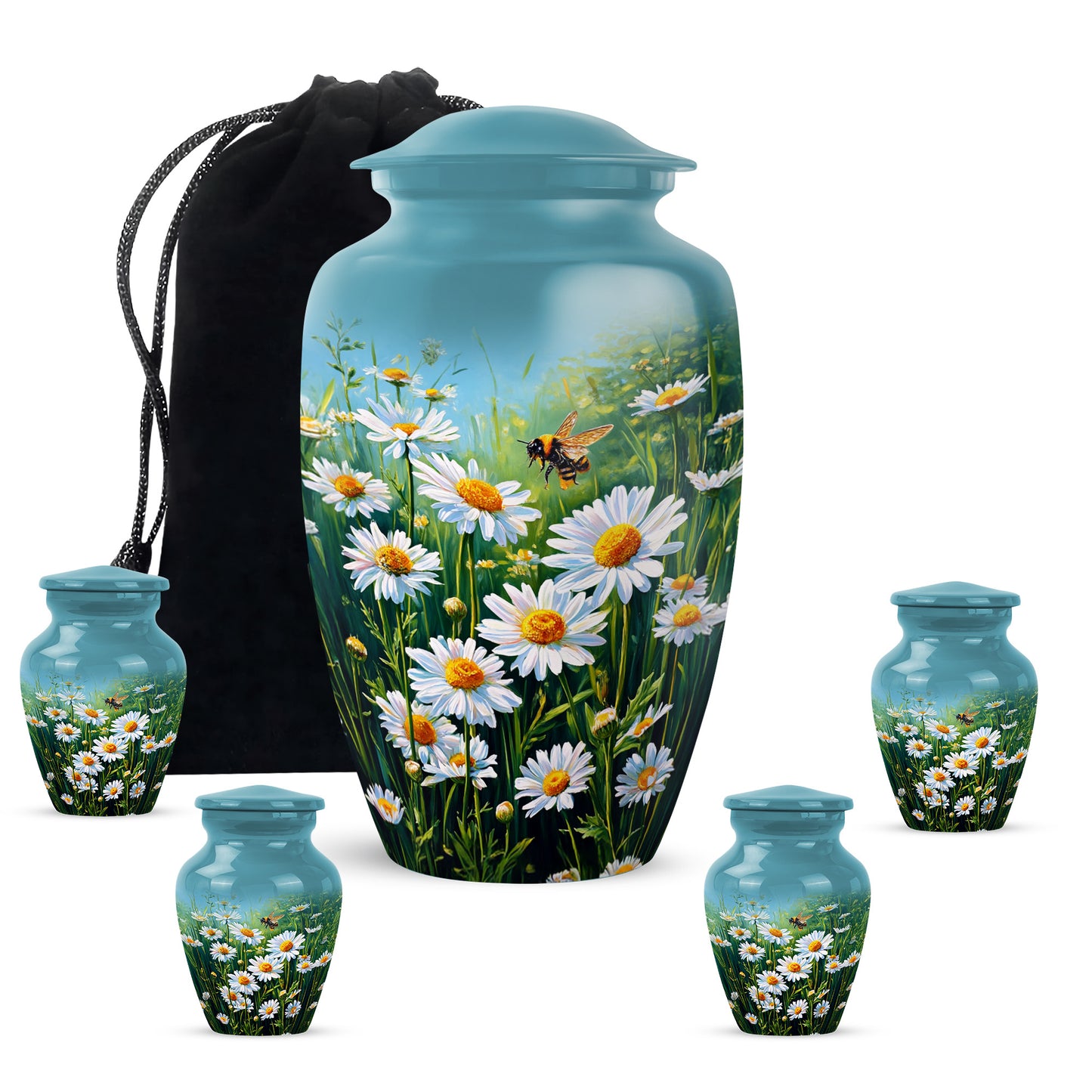 Mystic Teal Daisy Cremation Urn top-down view of secure threaded lid - elegant classic daisy relief with fine detailing - memorial set with one large and four small urns