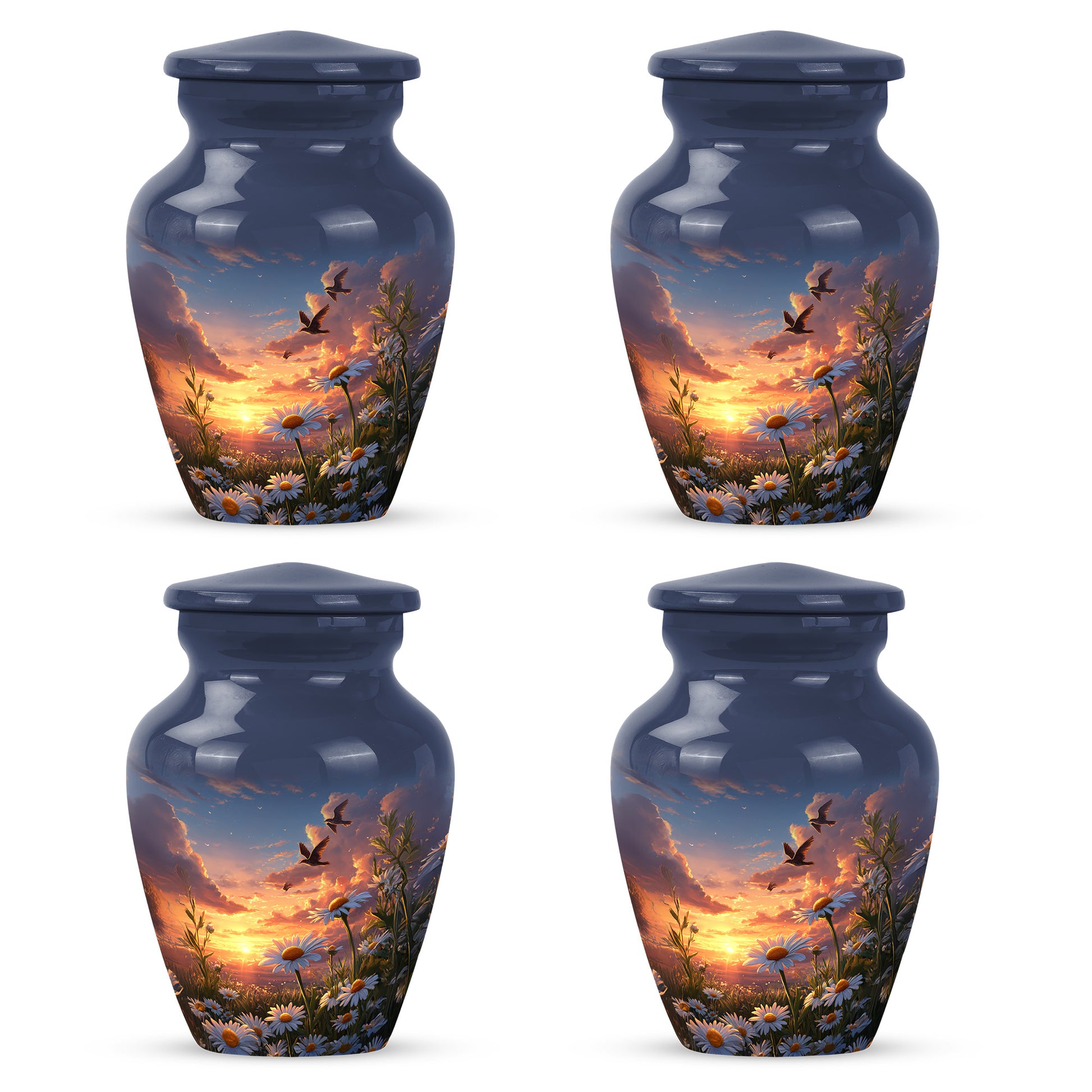 Sapphire Blue Daisy Cremation Urn side profile showing urn shape - elegant classic daisy relief with fine detailing - 10 inch aluminum urn for cremated remains