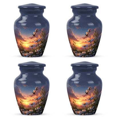 Sapphire Blue Daisy Cremation Urn side profile showing urn shape - elegant classic daisy relief with fine detailing - 10 inch aluminum urn for cremated remains
