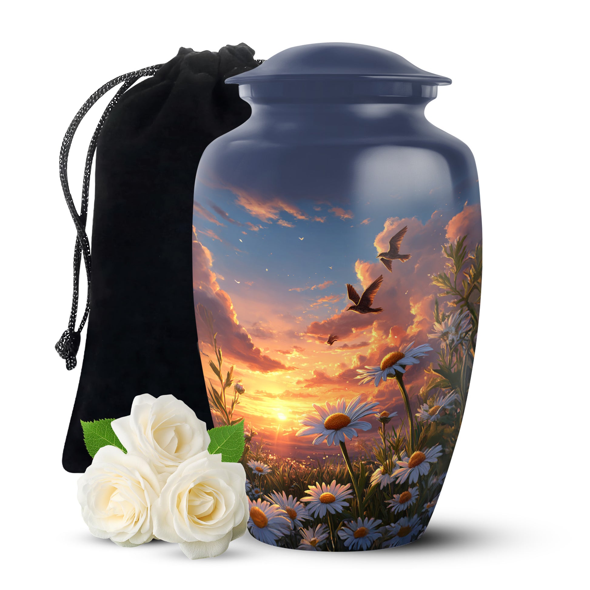 Cobalt Blue Daisy Cremation Urn angled view of lid and engraved motif - traditional daisy engraving with hand-polished finish - full-size 10 inch 200 cubic inch adult cremation urn