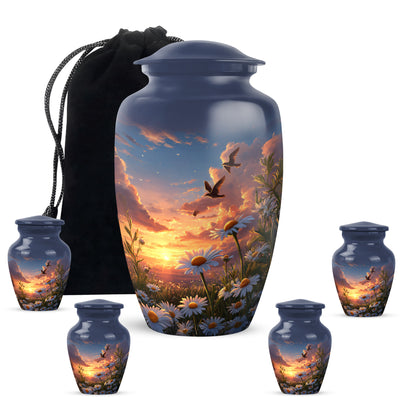 Calming Blue Daisy Cremation Urn top-down view of secure threaded lid - elegant classic daisy relief with fine detailing - memorial set with one large and four small urns