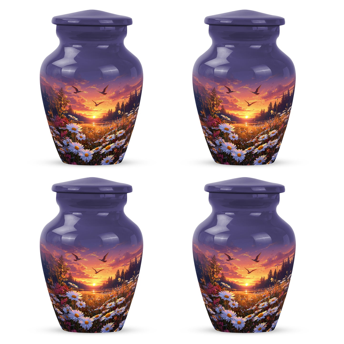 Sapphire Blue Daisy Cremation Urn side profile showing urn shape - elegant classic daisy relief with fine detailing - 10 inch aluminum urn for cremated remains