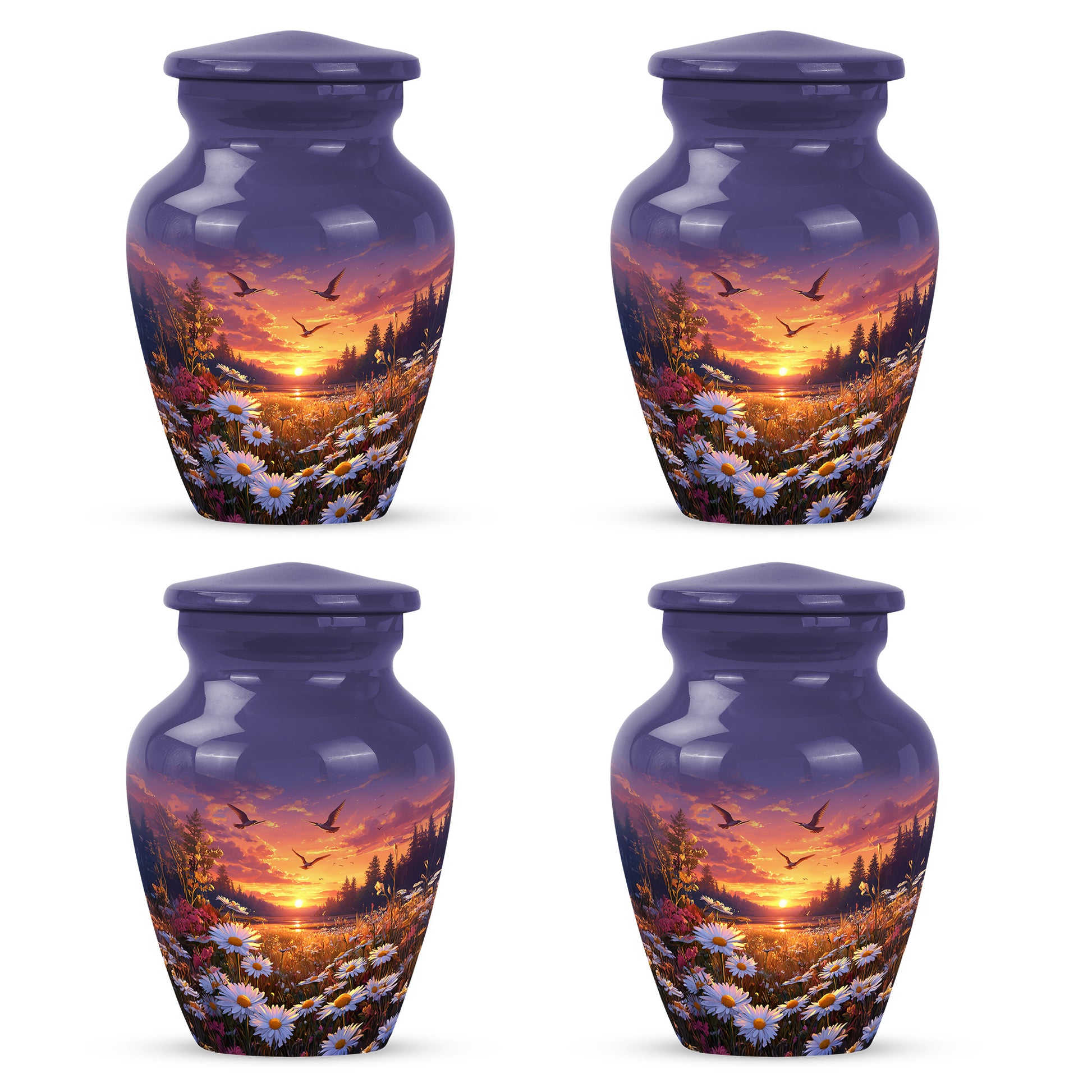 Sapphire Blue Daisy Cremation Urn side profile showing urn shape - elegant classic daisy relief with fine detailing - 10 inch aluminum urn for cremated remains