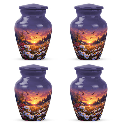 Sapphire Blue Daisy Cremation Urn side profile showing urn shape - elegant classic daisy relief with fine detailing - 10 inch aluminum urn for cremated remains