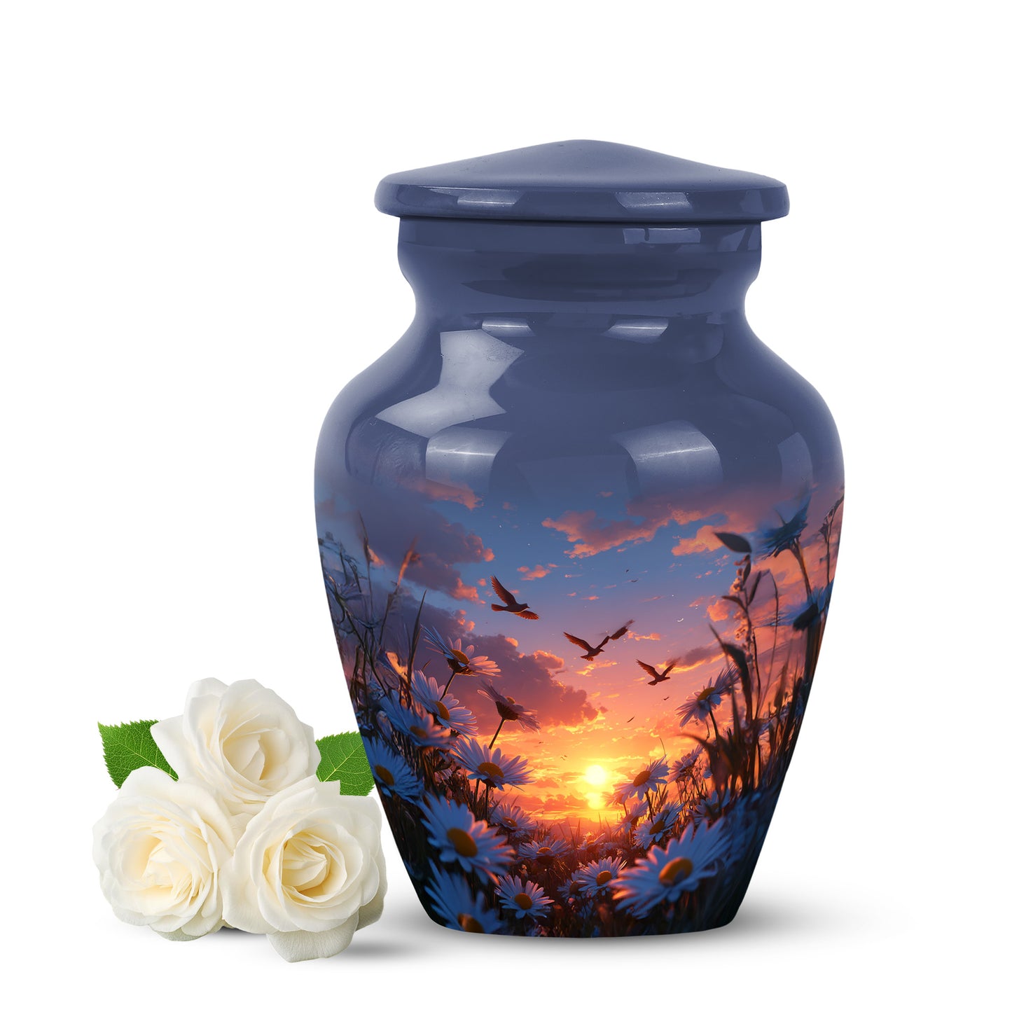 Blue Resounding Daisy Memorial Urn for Ashes - 10-inch, 200 cu in - Yatskia