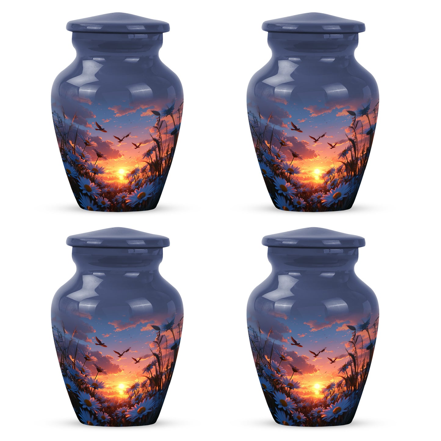 Cobalt Blue Daisy Cremation Urn side profile showing urn shape - elegant classic daisy relief with fine detailing - 10 inch aluminum urn for cremated remains