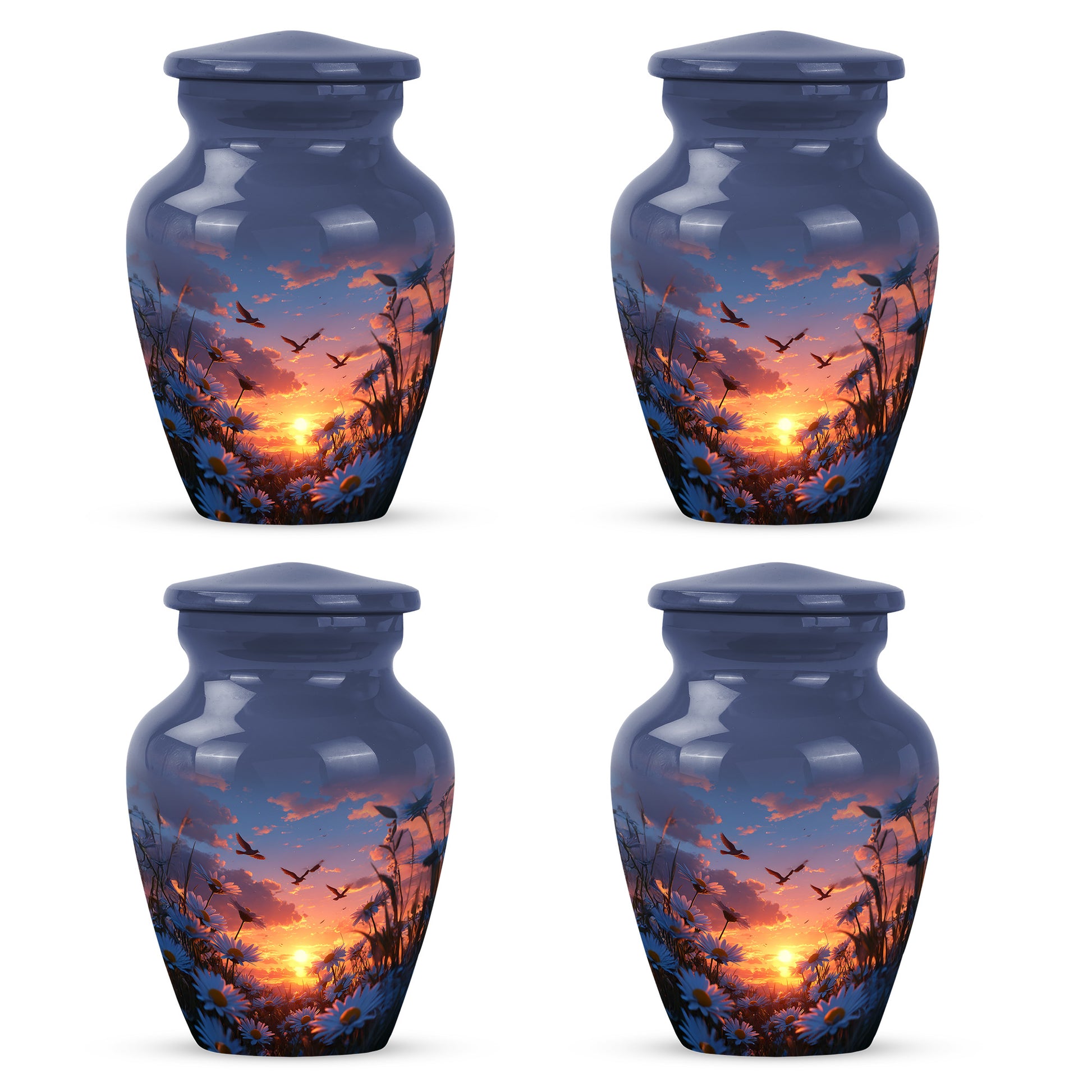 Cobalt Blue Daisy Cremation Urn side profile showing urn shape - elegant classic daisy relief with fine detailing - 10 inch aluminum urn for cremated remains