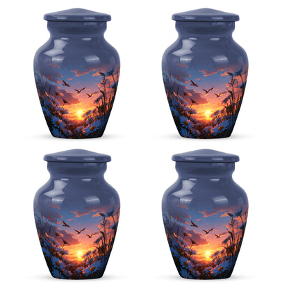 Cobalt Blue Daisy Cremation Urn side profile showing urn shape - elegant classic daisy relief with fine detailing - 10 inch aluminum urn for cremated remains