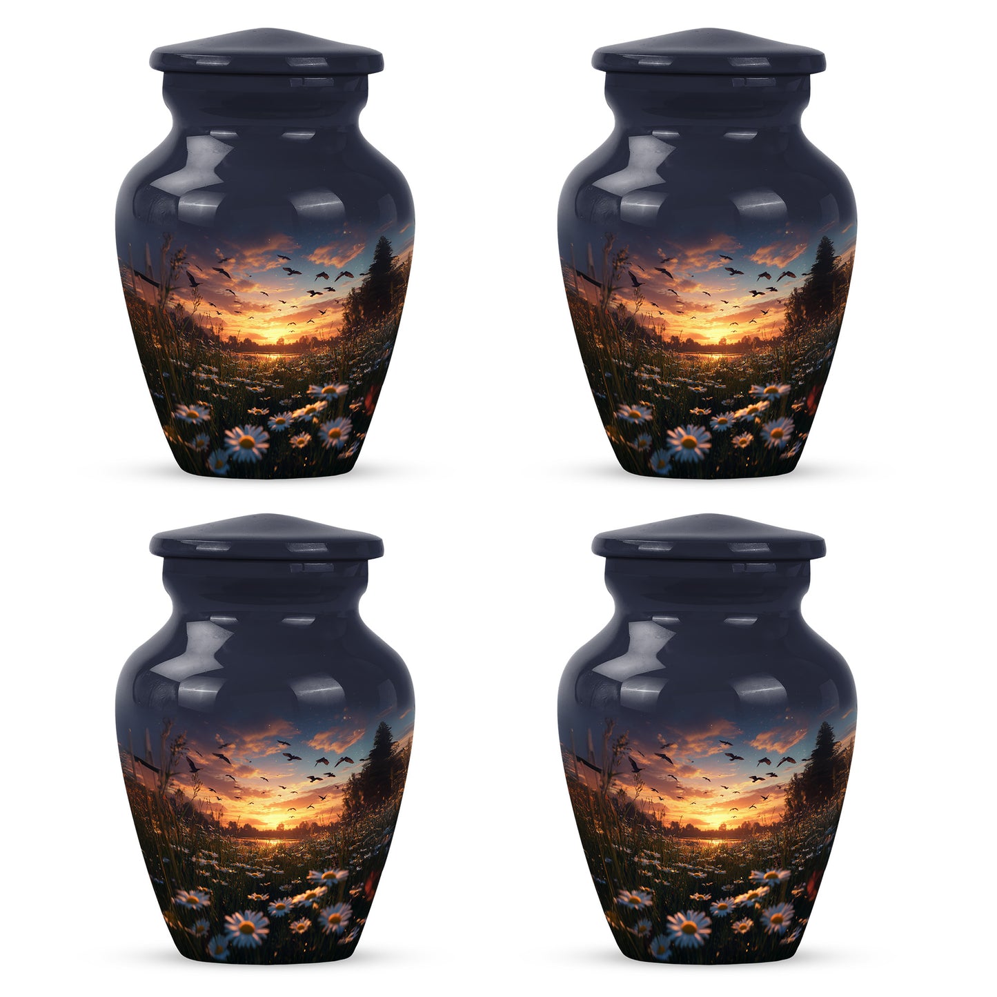 Azure Daisy Cremation Urn side profile showing urn shape - classic sculpted daisy pattern on smooth aluminum - 10 inch aluminum urn for cremated remains