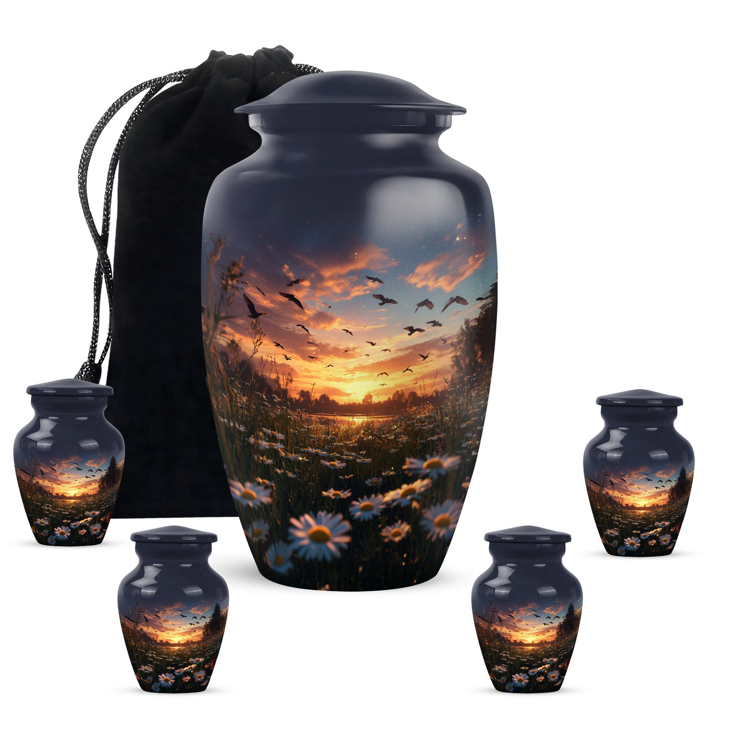 Azure Daisy Cremation Urn top-down view of secure threaded lid - classic sculpted daisy pattern on smooth aluminum - memorial set with one large and four small urns