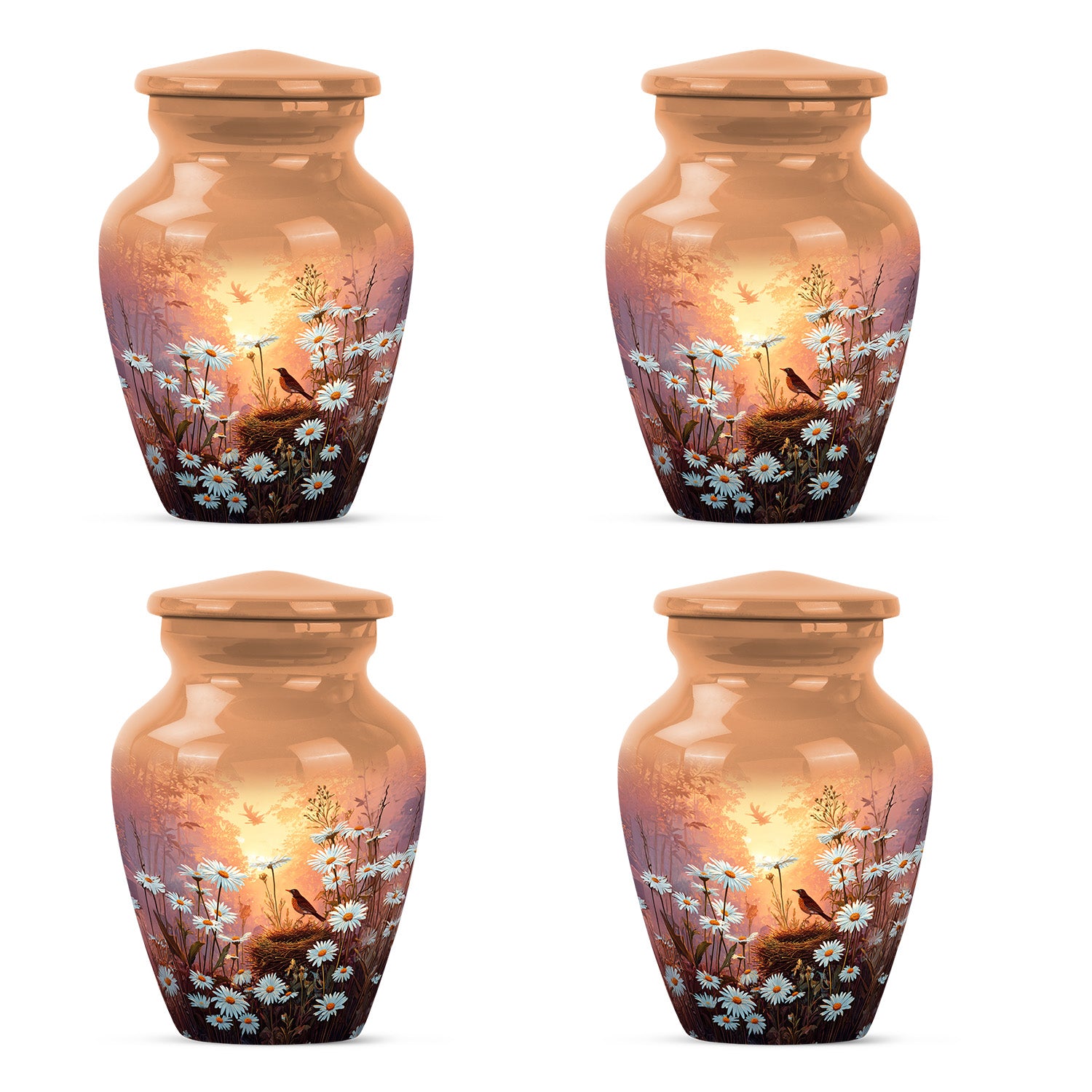 Royal Gold Daisy Cremation Urn side profile showing urn shape - traditional daisy engraving with hand-polished finish - 10 inch aluminum urn for cremated remains