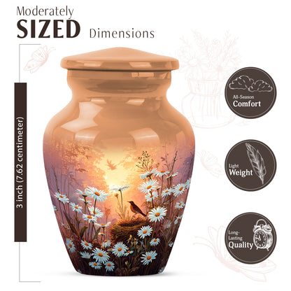 Harvest Gold Daisy Cremation Urn close-up of engraving and surface detail - traditional daisy engraving with hand-polished finish - mini keepsake memorial for portion of cremation ashes
