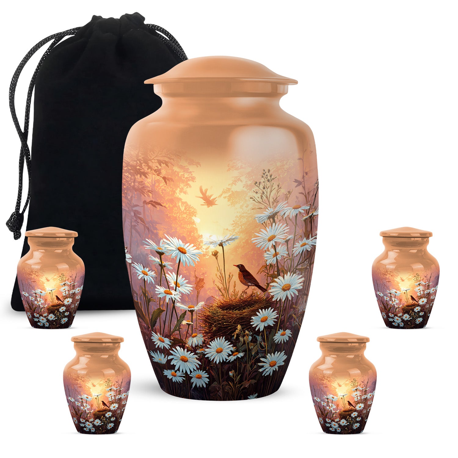 Harvest Gold Daisy Cremation Urn top-down view of secure threaded lid - traditional daisy engraving with hand-polished finish - memorial set with one large and four small urns