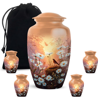 Harvest Gold Daisy Cremation Urn top-down view of secure threaded lid - traditional daisy engraving with hand-polished finish - memorial set with one large and four small urns