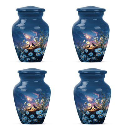 Twilight Blue Daisy Cremation Urn side profile showing urn shape - traditional daisy engraving with hand-polished finish - 10 inch aluminum urn for cremated remains
