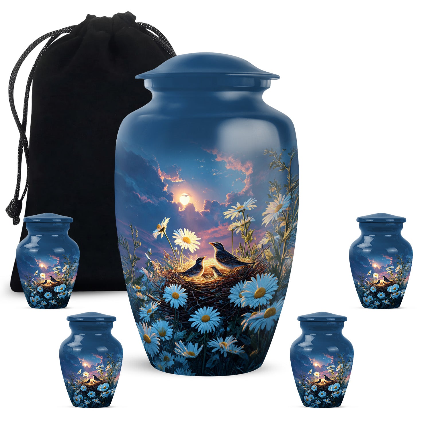Serene Blue Daisy Cremation Urn top-down view of secure threaded lid - elegant classic daisy relief with fine detailing - memorial set with one large and four small urns