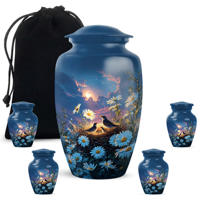 Serene Blue Daisy Cremation Urn top-down view of secure threaded lid - elegant classic daisy relief with fine detailing - memorial set with one large and four small urns