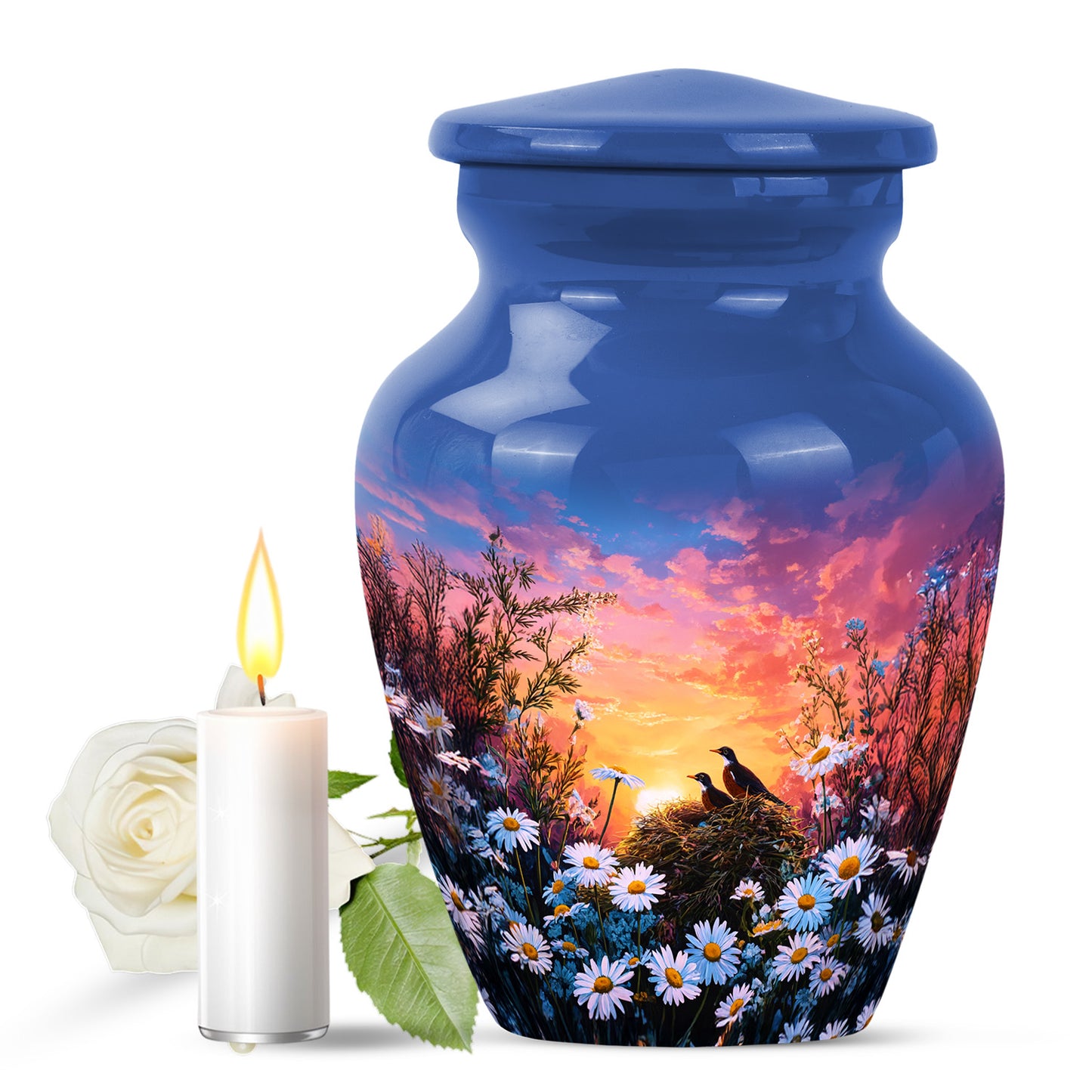 Divine Blue Daisy Cremation Urn for Ashes - 10-inch, 200 cu in - Yatskia