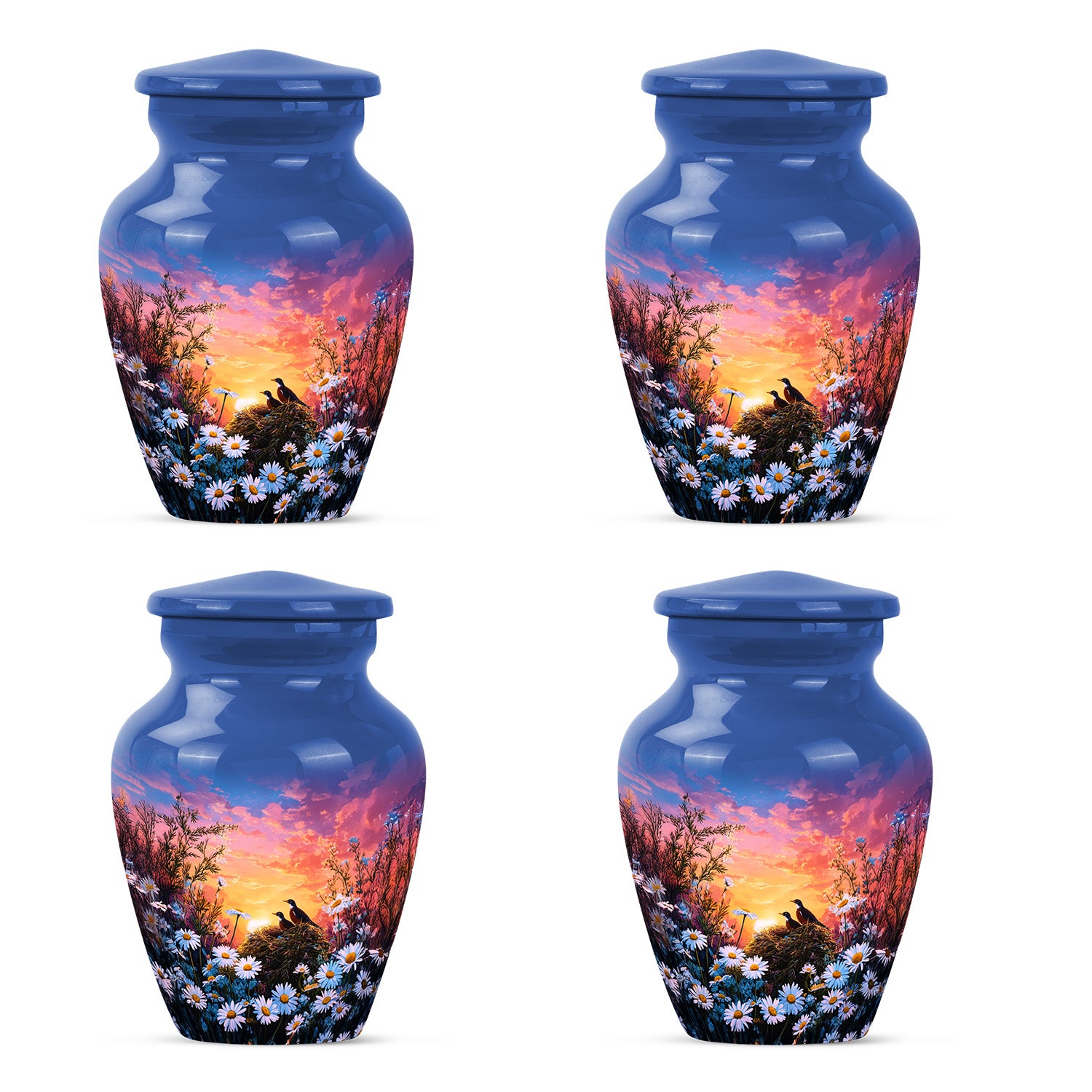 Bright Blue Daisy Cremation Urn side profile showing urn shape - traditional daisy engraving with hand-polished finish - 10 inch aluminum urn for cremated remains