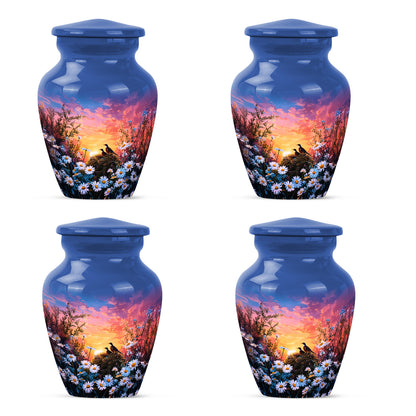 Bright Blue Daisy Cremation Urn side profile showing urn shape - traditional daisy engraving with hand-polished finish - 10 inch aluminum urn for cremated remains