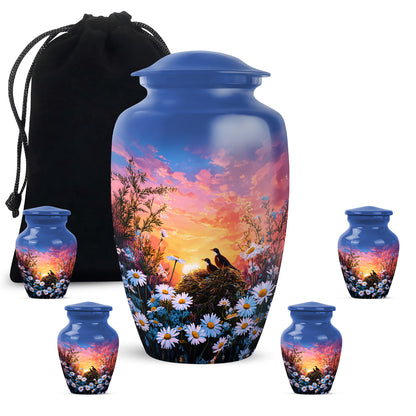 Soft Blue Daisy Cremation Urn top-down view of secure threaded lid - traditional daisy engraving with hand-polished finish - memorial set with one large and four small urns