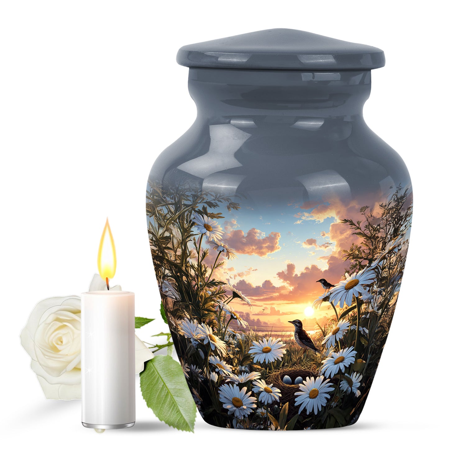 Blue Daisy Commemoration Cremation Urns for Human Ashes - 10-inch, 200 cu in - Yatskia