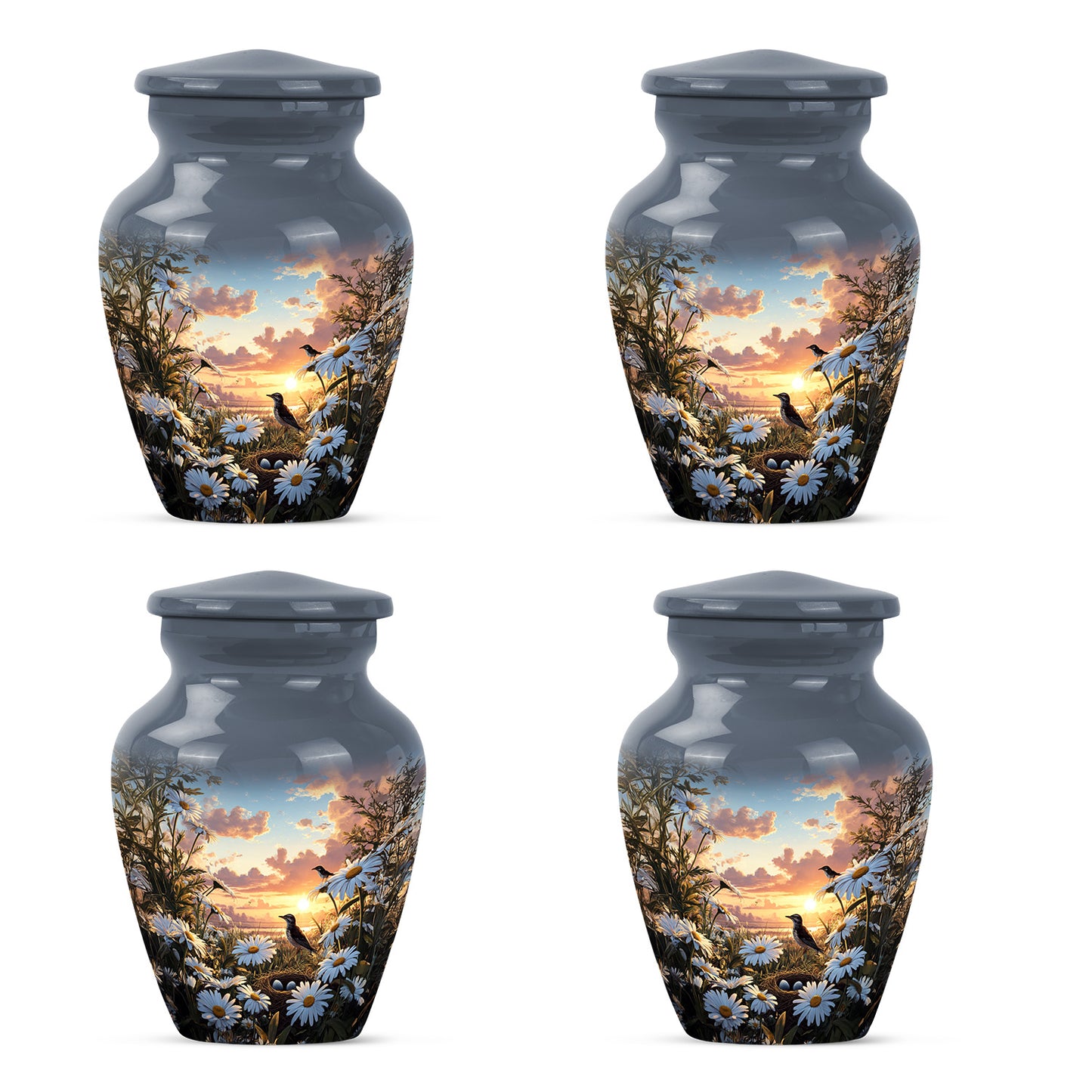 Twilight Blue Daisy Cremation Urn side profile showing urn shape - traditional daisy engraving with hand-polished finish - 10 inch aluminum urn for cremated remains