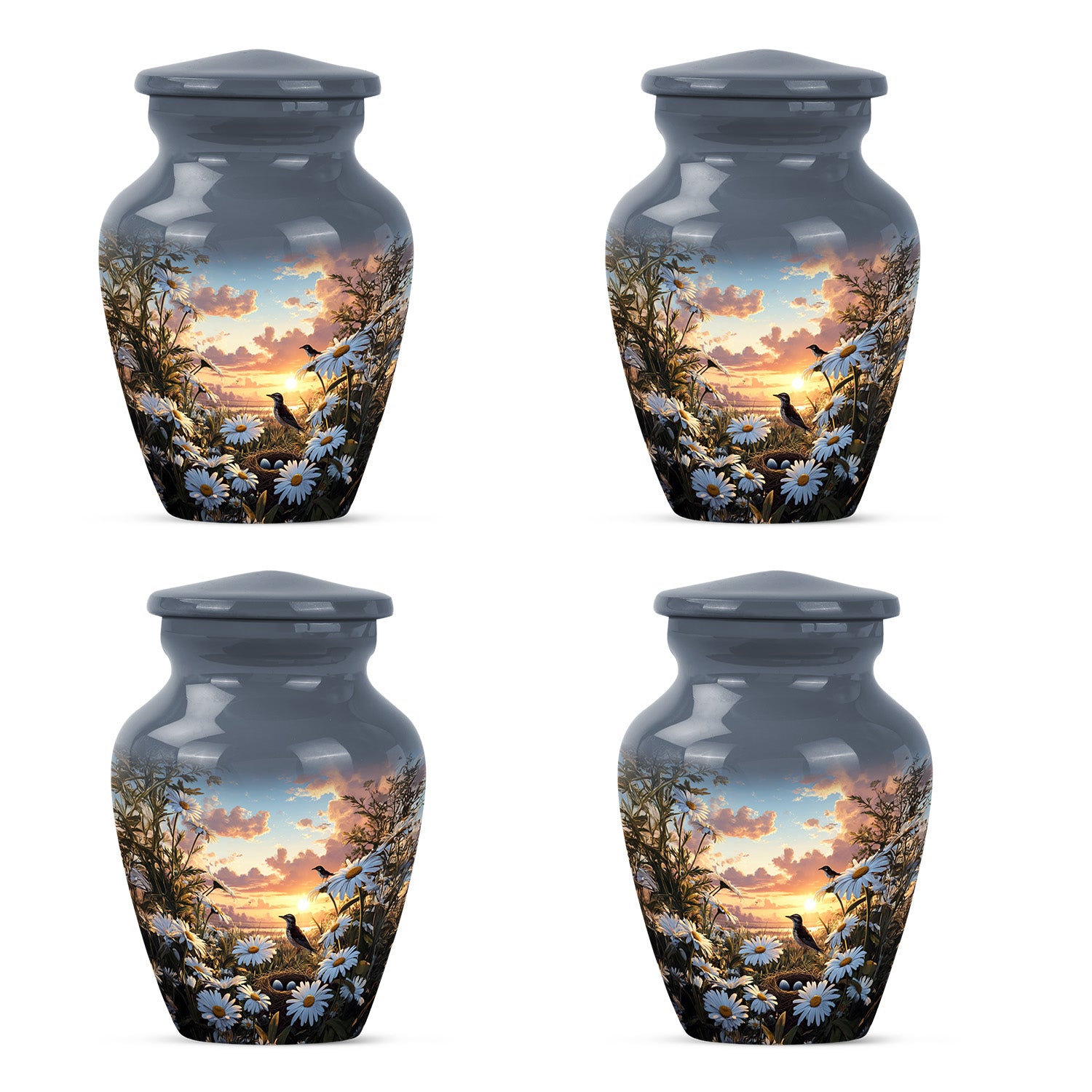 Twilight Blue Daisy Cremation Urn side profile showing urn shape - traditional daisy engraving with hand-polished finish - 10 inch aluminum urn for cremated remains