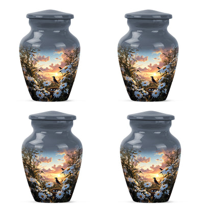 Twilight Blue Daisy Cremation Urn side profile showing urn shape - traditional daisy engraving with hand-polished finish - 10 inch aluminum urn for cremated remains