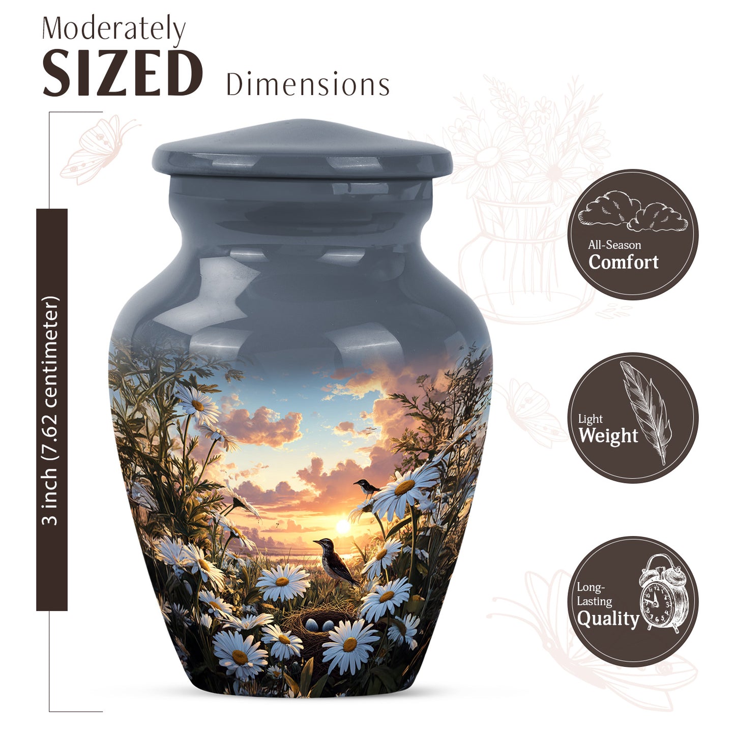 Steel Blue Daisy Cremation Urn close-up of engraving and surface detail - traditional daisy engraving with hand-polished finish - mini keepsake memorial for portion of cremation ashes
