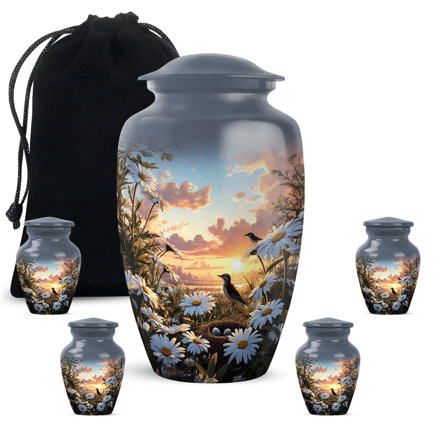 Powder Blue Daisy Cremation Urn top-down view of secure threaded lid - classic sculpted daisy pattern on smooth aluminum - memorial set with one large and four small urns