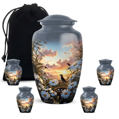 Powder Blue Daisy Cremation Urn top-down view of secure threaded lid - classic sculpted daisy pattern on smooth aluminum - memorial set with one large and four small urns
