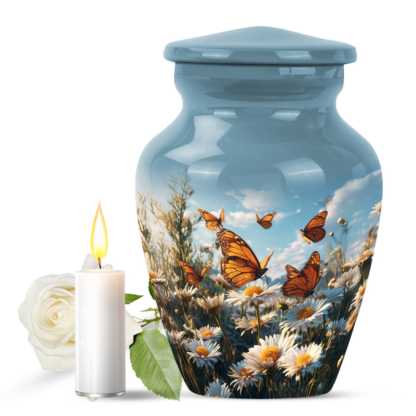 Ethereal Daisy Memorial Cremation Urns - Blue 10-inch, 200 cu in - Yatskia