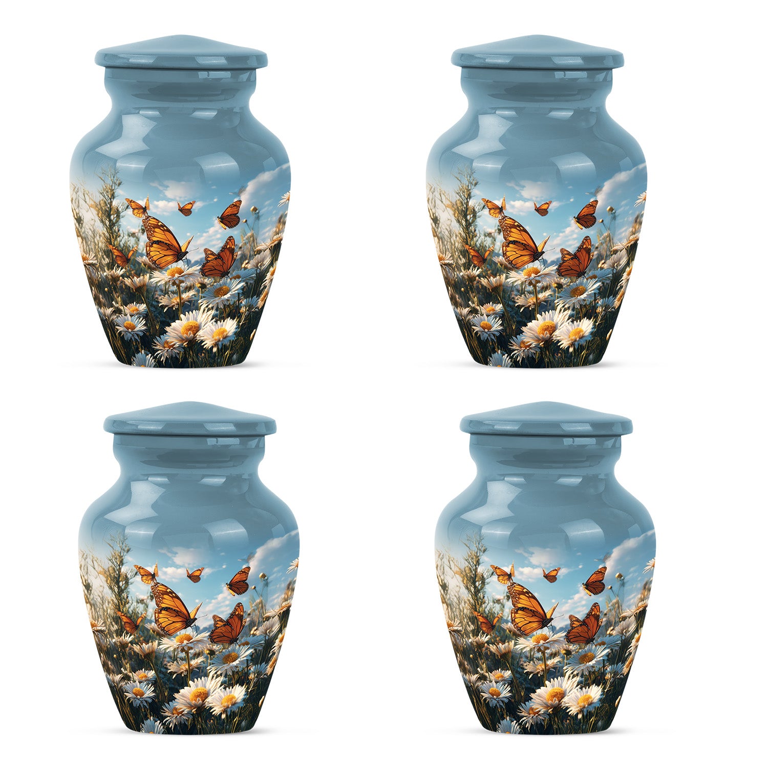 Soft Blue Daisy Cremation Urn side profile showing urn shape - elegant classic daisy relief with fine detailing - 10 inch aluminum urn for cremated remains