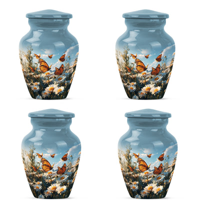 Soft Blue Daisy Cremation Urn side profile showing urn shape - elegant classic daisy relief with fine detailing - 10 inch aluminum urn for cremated remains