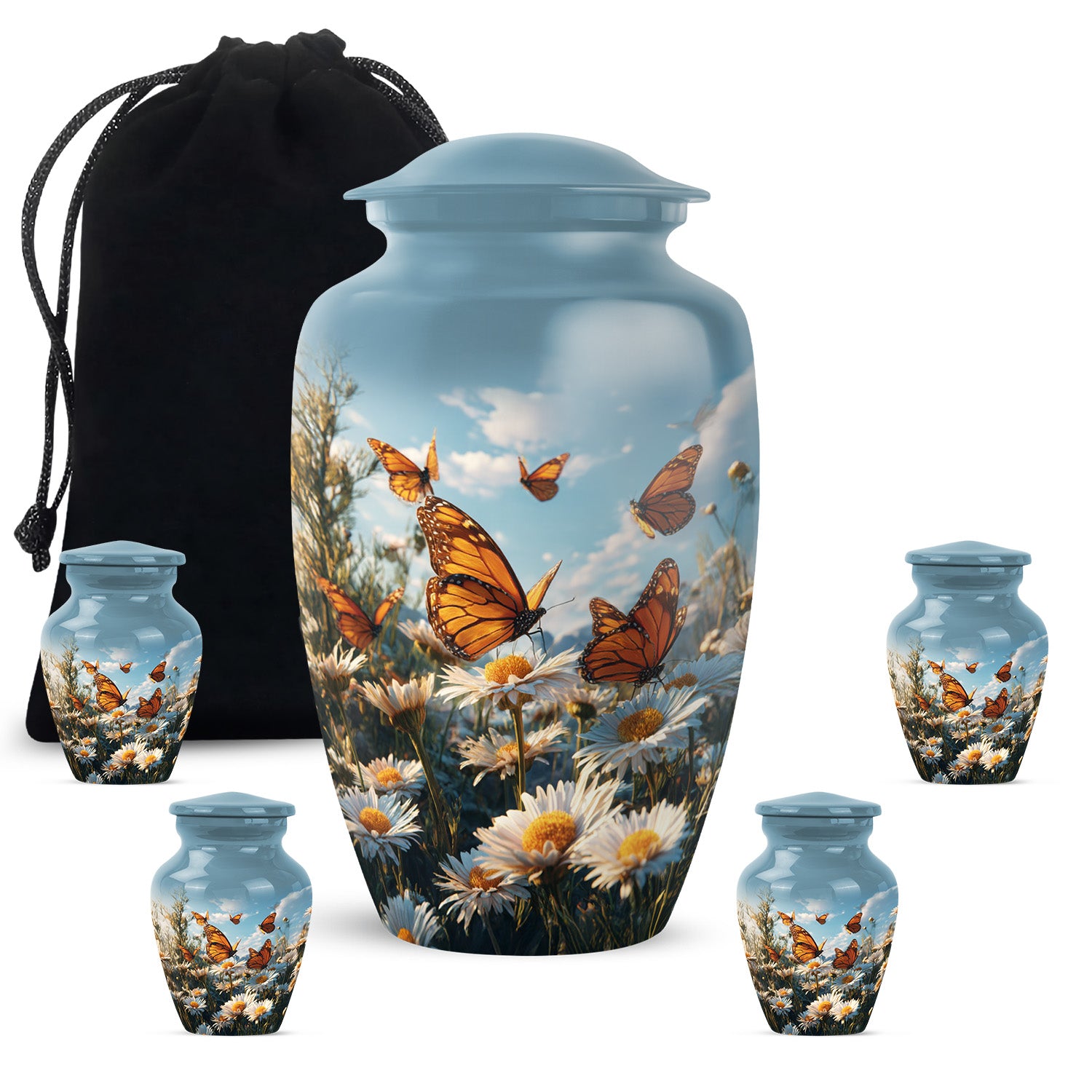 Icy Blue Daisy Cremation Urn top-down view of secure threaded lid - timeless daisy motif etched into premium metal - memorial set with one large and four small urns