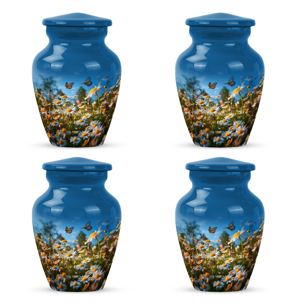 Powder Blue Daisy Cremation Urn side profile showing urn shape - timeless daisy motif etched into premium metal - 10 inch aluminum urn for cremated remains