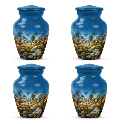 Powder Blue Daisy Cremation Urn side profile showing urn shape - timeless daisy motif etched into premium metal - 10 inch aluminum urn for cremated remains