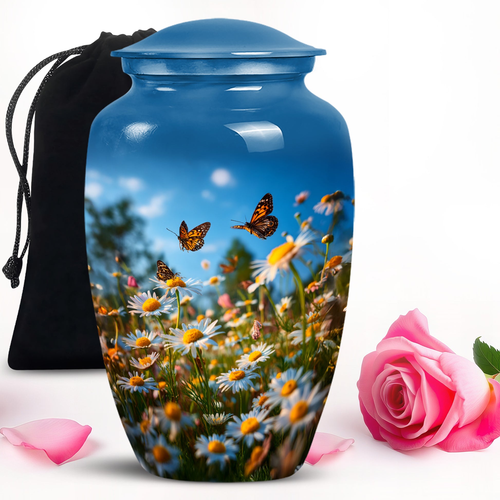 Powder Blue Daisy Cremation Urn angled view of lid and engraved motif - timeless daisy motif etched into premium metal - full-size 10 inch 200 cubic inch adult cremation urn