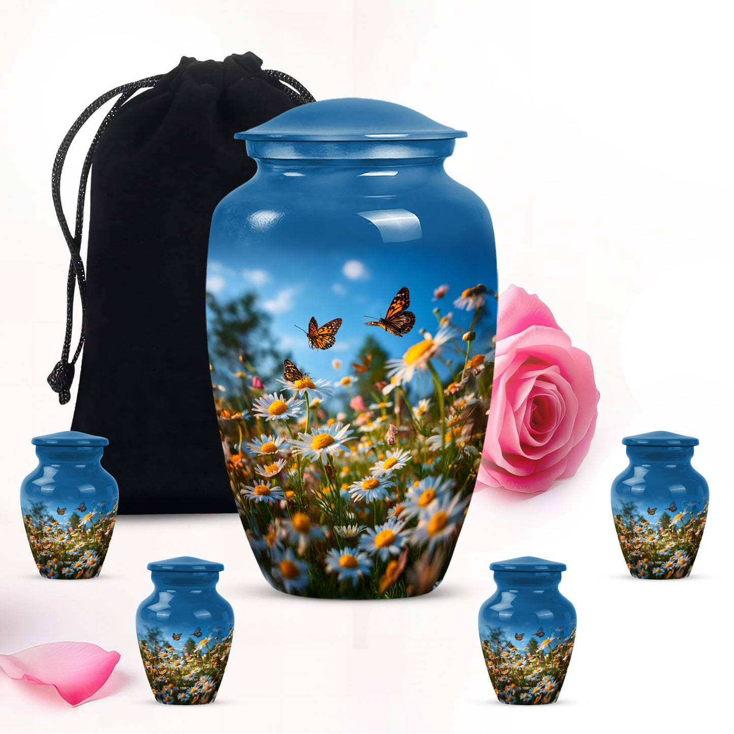 Steel Blue Daisy Cremation Urn top-down view of secure threaded lid - elegant classic daisy relief with fine detailing - memorial set with one large and four small urns