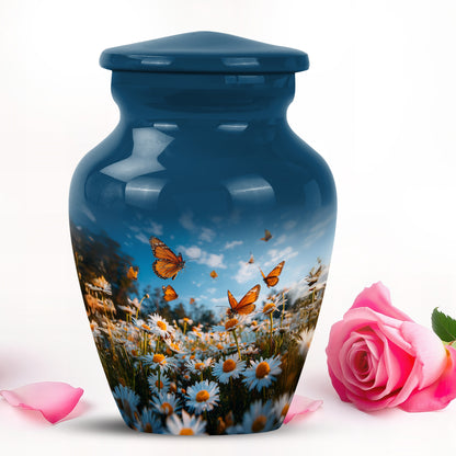 Blue Venerable Daisy Cremation Urns for Human Ashes - 10-inch, 200 cu in - Yatskia