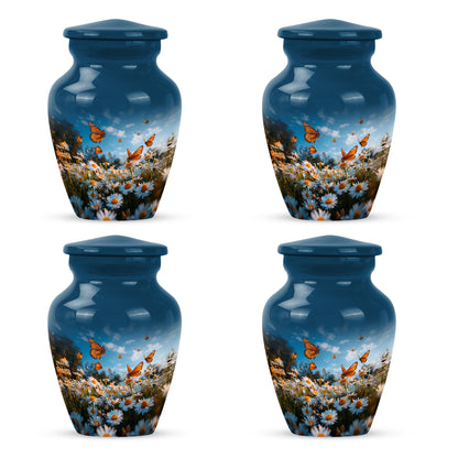 Slate Blue Daisy Cremation Urn side profile showing urn shape - timeless daisy motif etched into premium metal - 10 inch aluminum urn for cremated remains