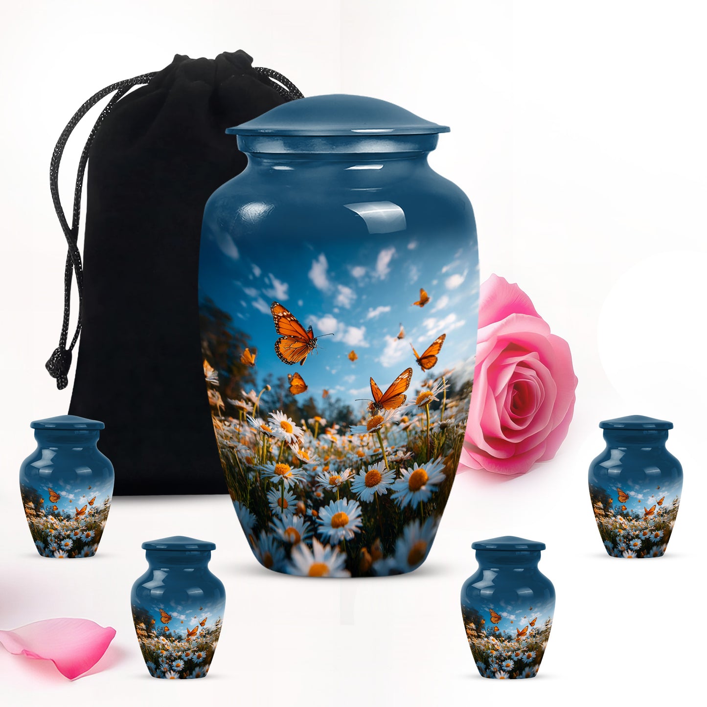 Dusty Blue Daisy Cremation Urn top-down view of secure threaded lid - classic sculpted daisy pattern on smooth aluminum - memorial set with one large and four small urns