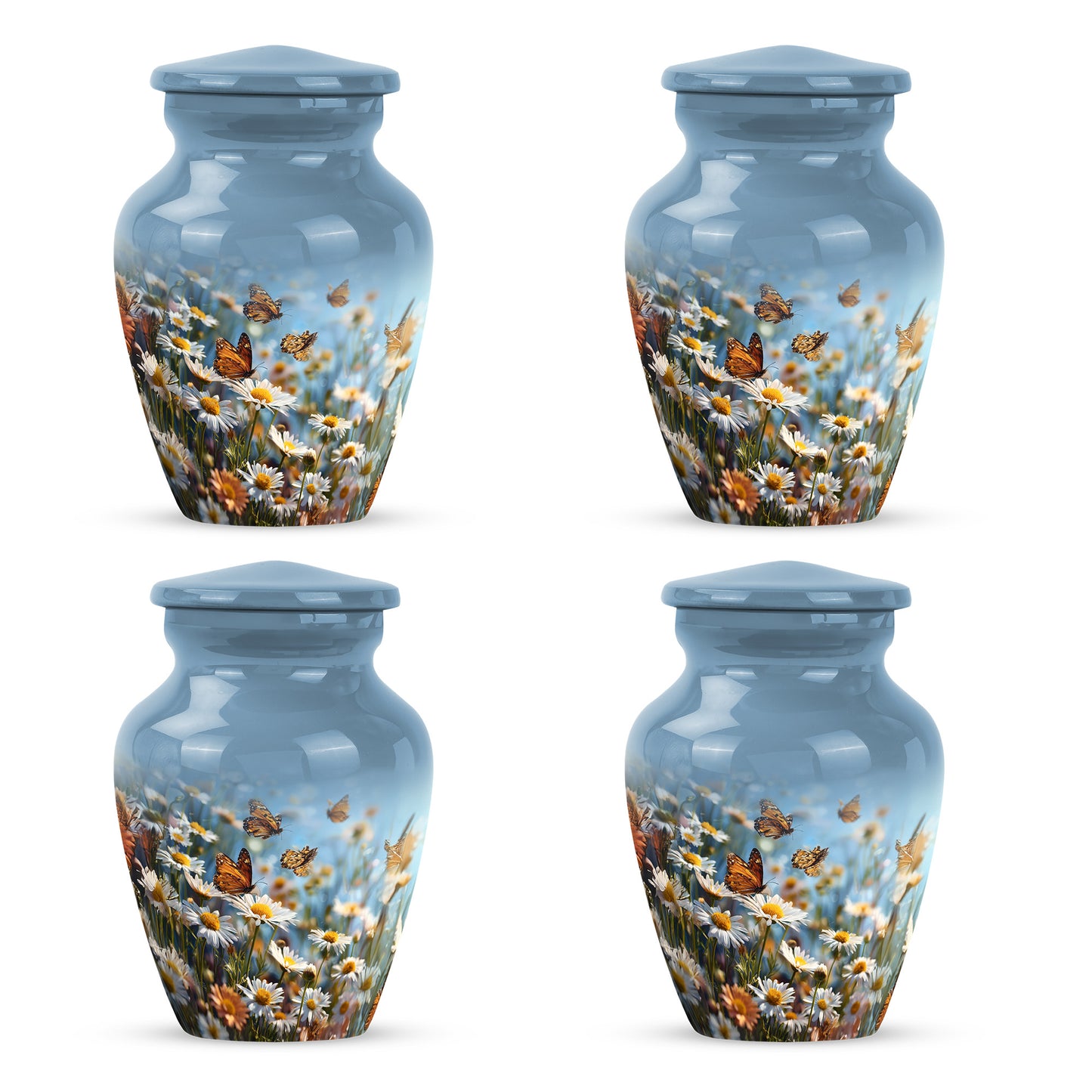 Pastel Blue Daisy Cremation Urn side profile showing urn shape - classic sculpted daisy pattern on smooth aluminum - 10 inch aluminum urn for cremated remains
