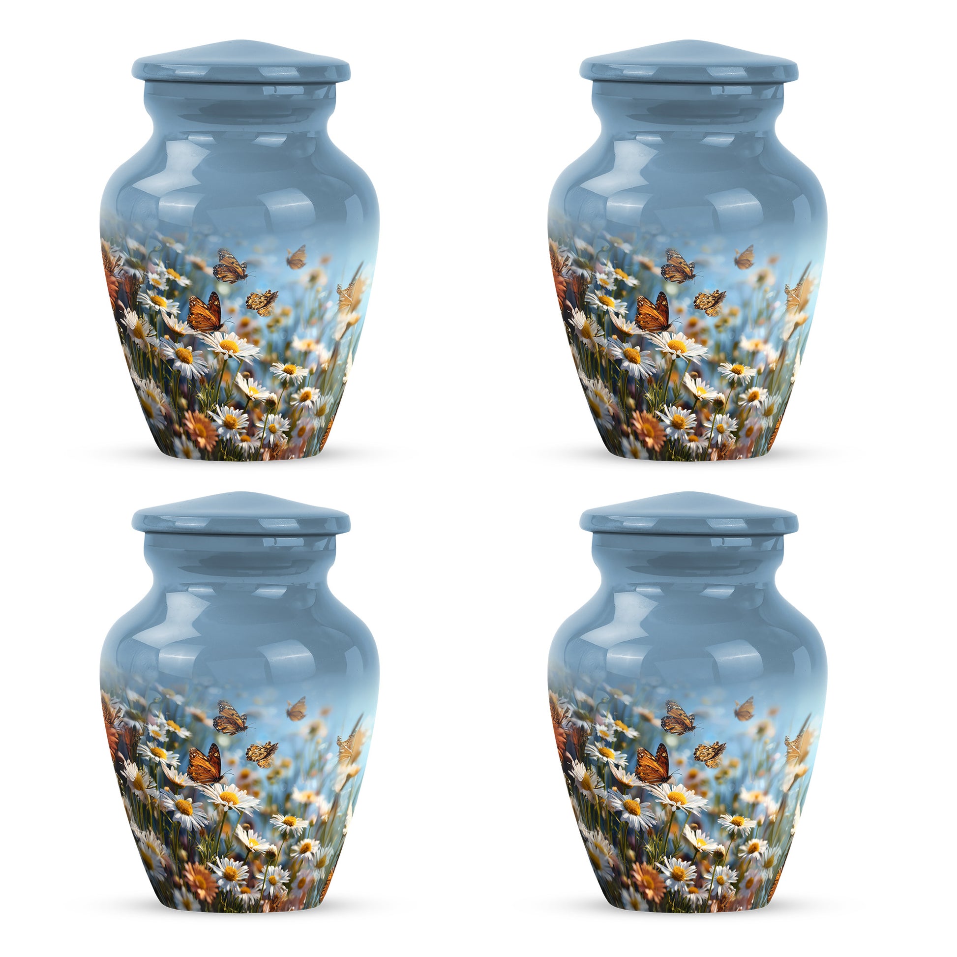 Pastel Blue Daisy Cremation Urn side profile showing urn shape - classic sculpted daisy pattern on smooth aluminum - 10 inch aluminum urn for cremated remains