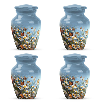 Pastel Blue Daisy Cremation Urn side profile showing urn shape - classic sculpted daisy pattern on smooth aluminum - 10 inch aluminum urn for cremated remains