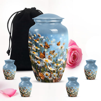 Calming Blue Daisy Cremation Urn top-down view of secure threaded lid - traditional daisy engraving with hand-polished finish - memorial set with one large and four small urns