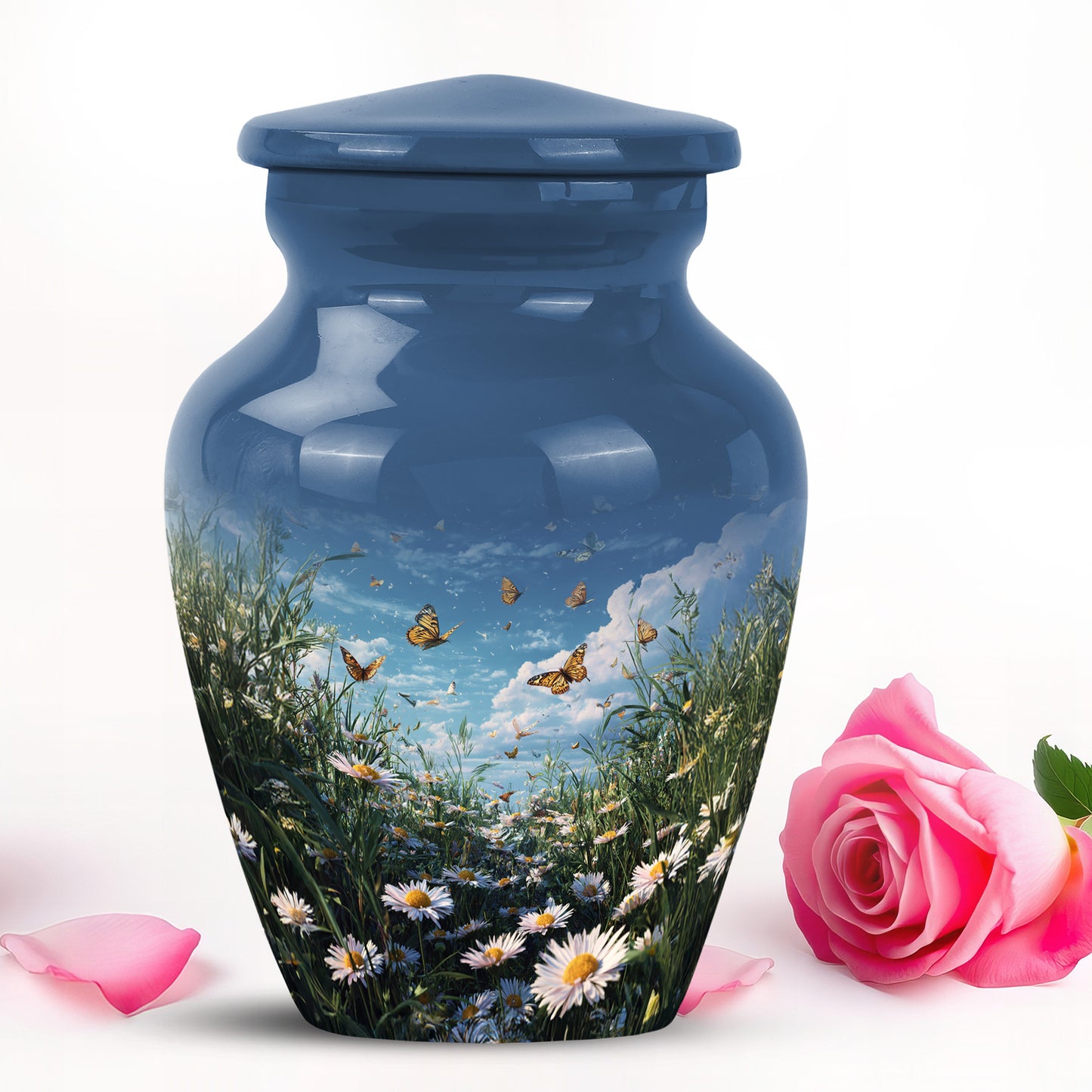 Personalized Refined Daisy Cremation Urns - Blue 10-inch, 200 cu in - Yatskia